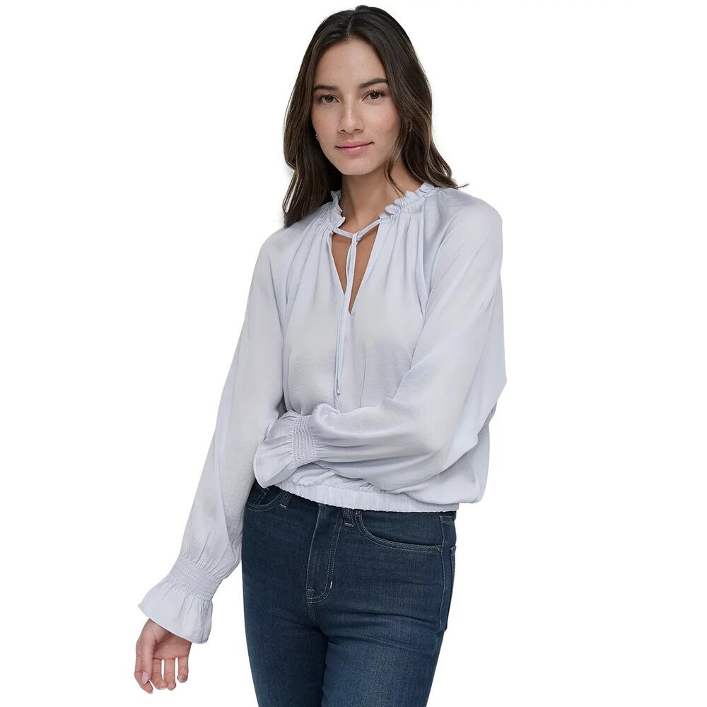 DKNY JEANS Powder Blue Smocked-Cuff Raglan-Sleeve Blouse Top Long Sleeves S NWT